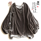 云澍原创 上衣女文艺通勤圆领T恤 温柔风灯笼袖 真丝绒宽松大版 法式