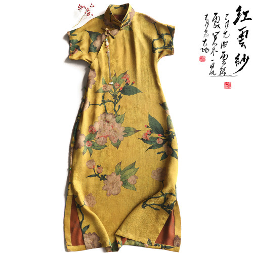 云澍中国风印花旗袍桑蚕丝香云纱