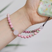 原创设计甜美粉绿雨彩石粉水晶花朵挂手腕防丢手机链女新中式 挂件