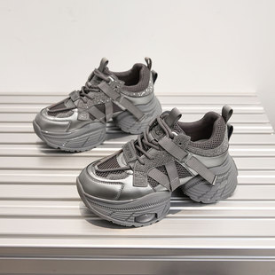 超火2025新款秋冬季加棉厚底老爹鞋女水钻真皮小个子增高运动鞋子