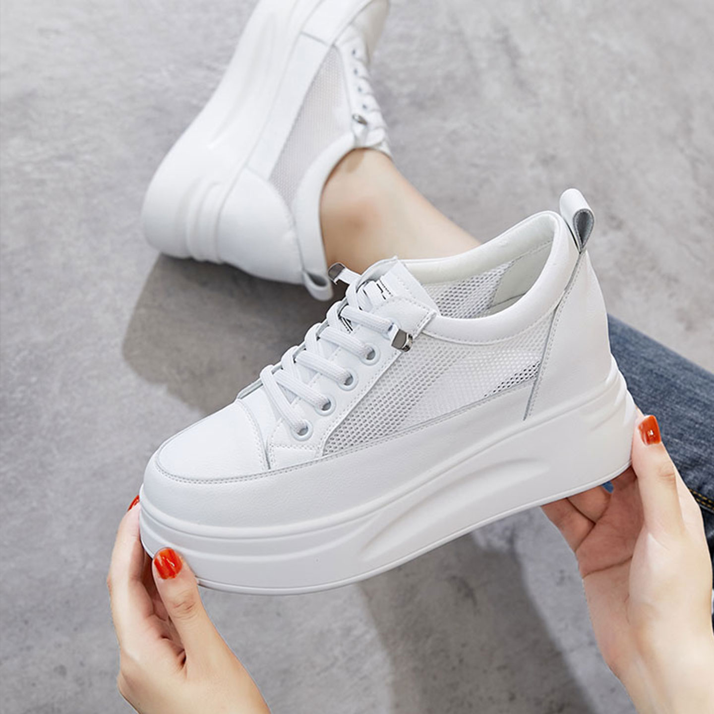 休闲厚底圆头小白鞋增高真皮网面