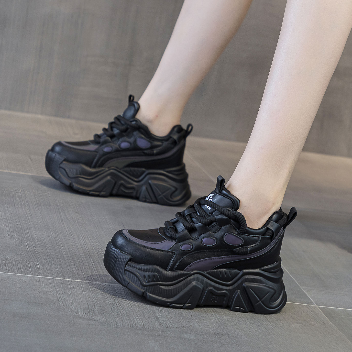 运动风内增高圆头老爹鞋真皮增高