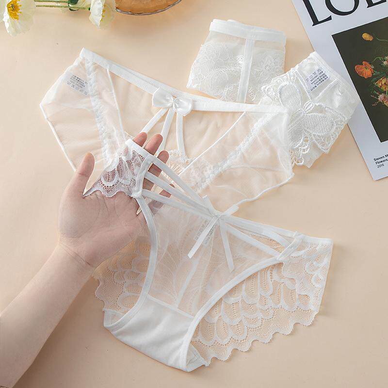 性感内裤女蕾丝低腰镂空透明无痕舒适薄款蝴蝶结棉档白色三角裤头