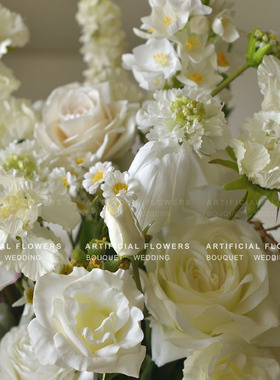 纯静浪漫法式白色仿真花束 手感奥斯汀玫瑰露莲桔梗婚礼花艺绢花
