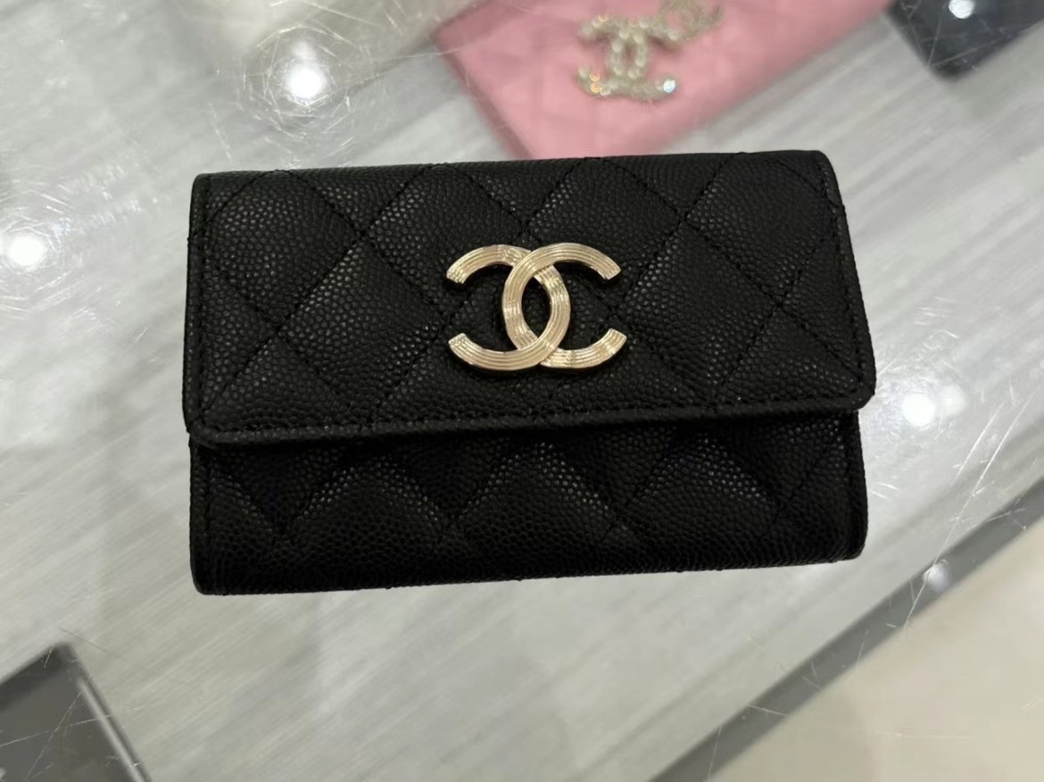 现货 香奈儿Chanel 23c金色cc logo荔枝纹牛皮小钱包卡包零钱包