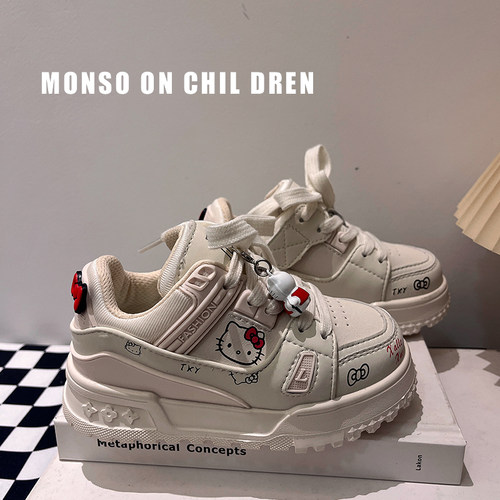 儿童卡通休闲厚底KT猫运动鞋2026秋季新款百搭女童软底防滑小白鞋