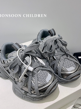 儿童老爹鞋子男童运动鞋2025春秋季新款炸街洋气巴黎厚底银色潮酷