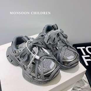 儿童老爹鞋子男童运动鞋2025春秋季新款炸街洋气巴黎厚底银色潮酷