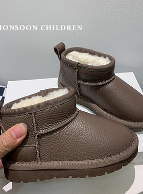 头层牛皮宝宝加厚保暖防滑雪地靴女童男童棉鞋儿童短靴中大童棉鞋