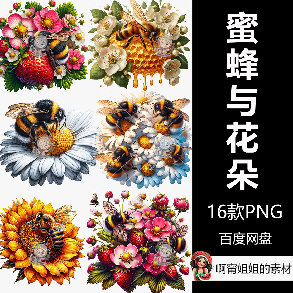 超高清昆虫和花朵蝴蝶升华剪贴画手绘水彩插图PNG免抠设计素材新