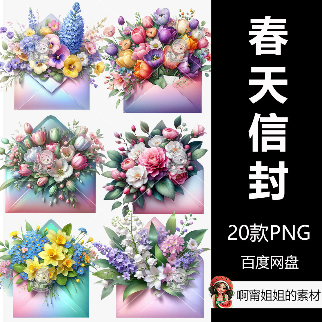春季信封剪贴画手绘水彩花卉闪光插图PNG免抠设计素材高清新品精