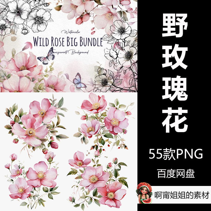 水彩野玫瑰花大束手绘装饰花卉婚卡通/动漫/插画设计