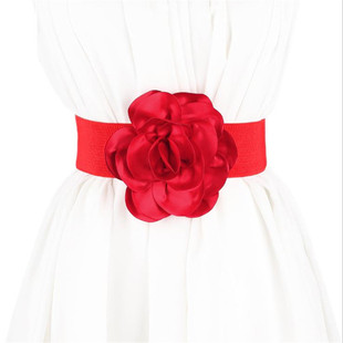 新款弹力松紧宽腰带女欧美夸张大花朵装饰裙子腰封腰饰红色夏饰品