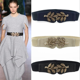 女款连衣裙装饰腰带松紧女式叶子腰封韩版女士宽腰带弹力黑色皮带