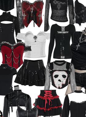 暗黑万圣节少女亚裔风Y2K欧美街拍复古蕾丝半裙性感吊带背心