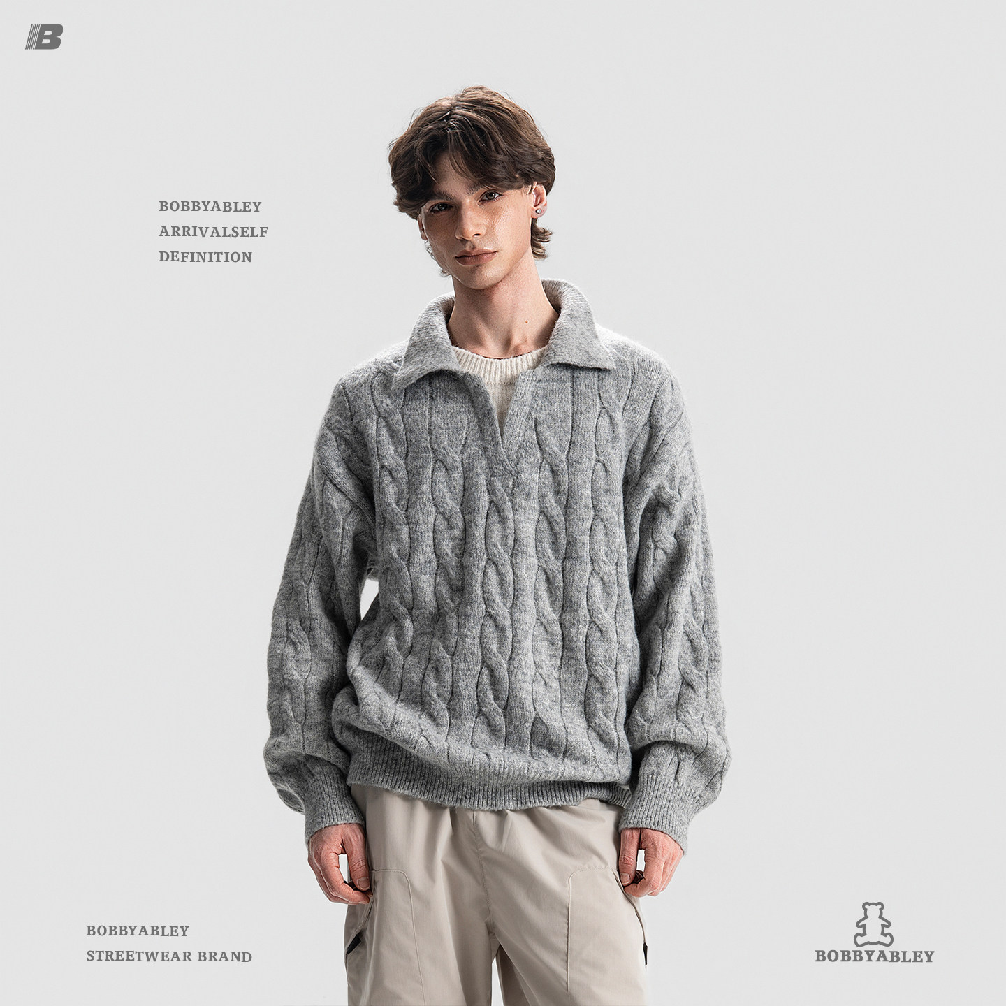 BOBBYABLEY复古老钱风麻花宽松保暖柔软慵懒假两件针织毛衣情侣款