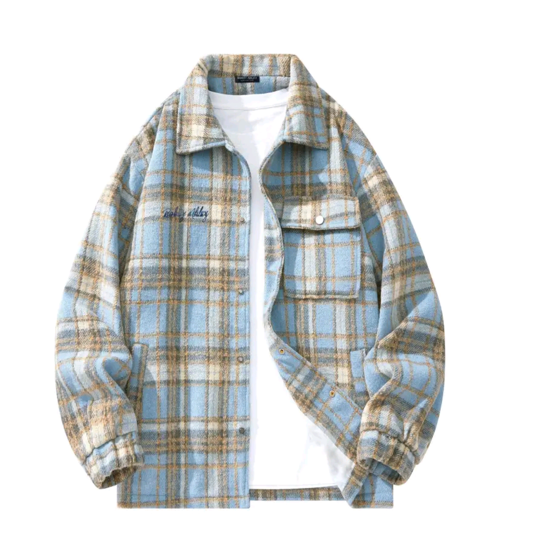 BOBBY ABLEY 美式高街多彩格条纹撞色刺绣宽松加厚校园慵懒翻领