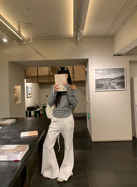 THEIRS抽绳微喇叭裤休闲裤早秋女高腰弹力显瘦直筒裤垂感长裤卫裤