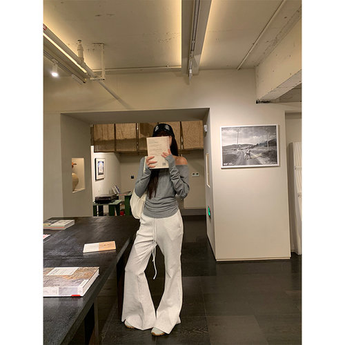 抽绳微喇叭裤休闲裤女高腰弹力