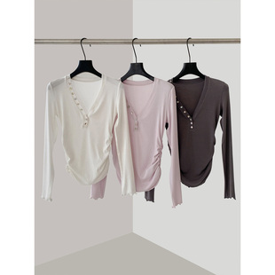 THEIRS 女装春新款休闲百搭深V领不对称排扣波波收边针织打底上衣