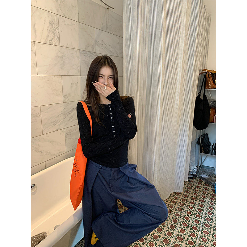 THEIRS亮闪闪麻感棉亨利领黑色修身长袖T恤女秋季紧身内搭打底衫