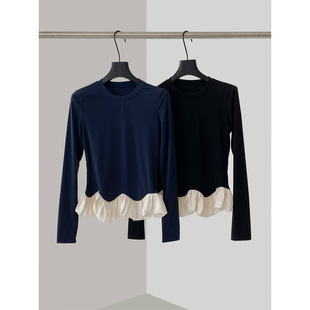 THEIRS 芭蕾风花边黑色内搭打底衫女冬季新款加绒修身长袖T恤上衣