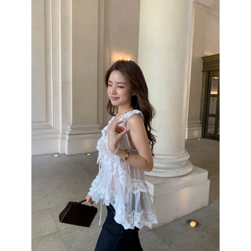 法式V领蕾丝无袖宽松显瘦上衣