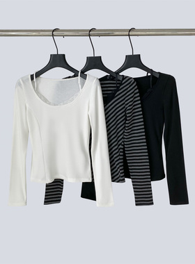 THEIRS 蕾丝拼接设计假两件T恤条纹修身显瘦纯欲百搭长袖打底上衣
