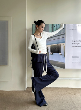 THEIRS 松紧腰秋款系带双层荷叶边屁帘拼接假两件休闲裤卫裤女新