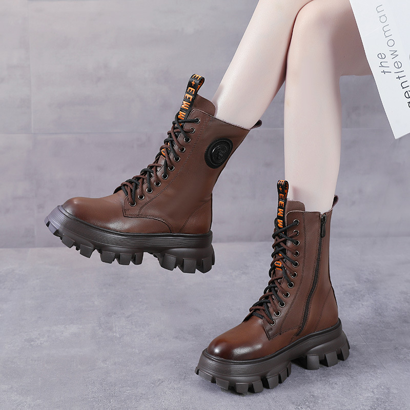 头层牛皮侧拉链中筒瘦瘦马丁靴女新款骑士厚底真皮烟筒切尔西短靴