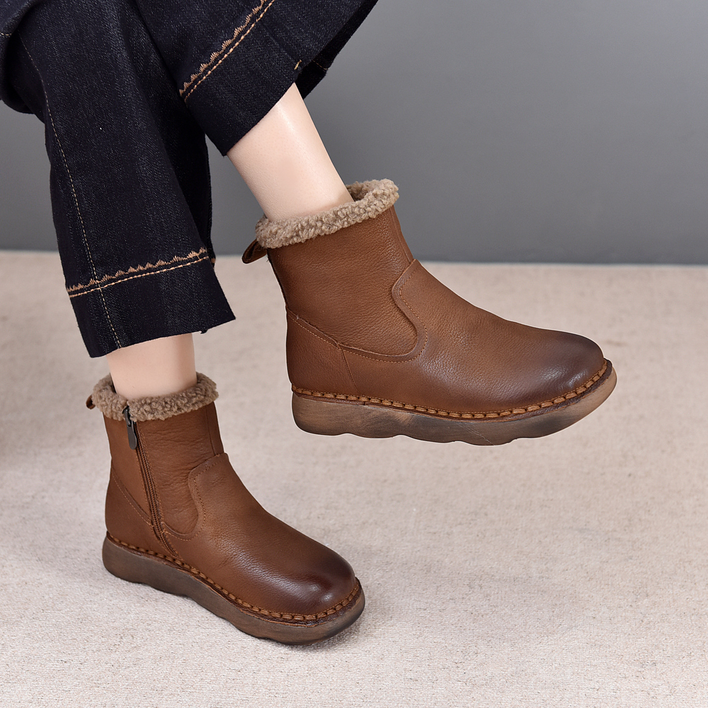 复古加绒厚底棉鞋雪地靴女25新款冬季新款真皮羊羔毛保暖防滑短靴