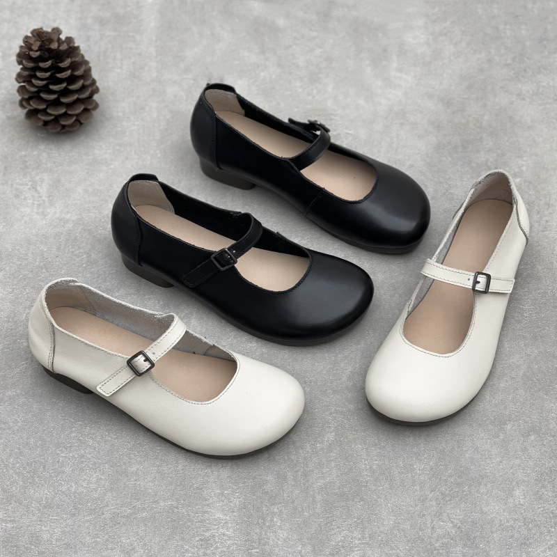 原创手工真皮包头单鞋一字带魔术贴玛丽珍简约圆头坡跟软牛皮女鞋