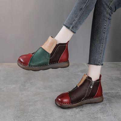 头层牛皮短靴女秋冬新款复古及踝靴真皮妈妈鞋平底拼色休闲单鞋女