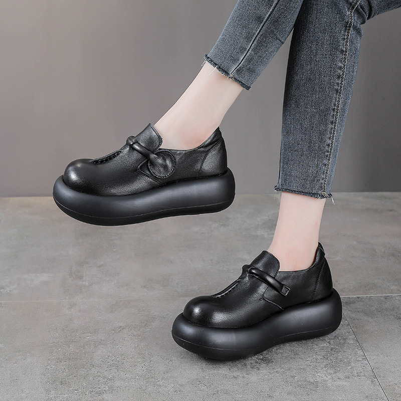 春秋款头层牛皮大头皮鞋女真皮厚底松糕女鞋轻便复古乐福单鞋