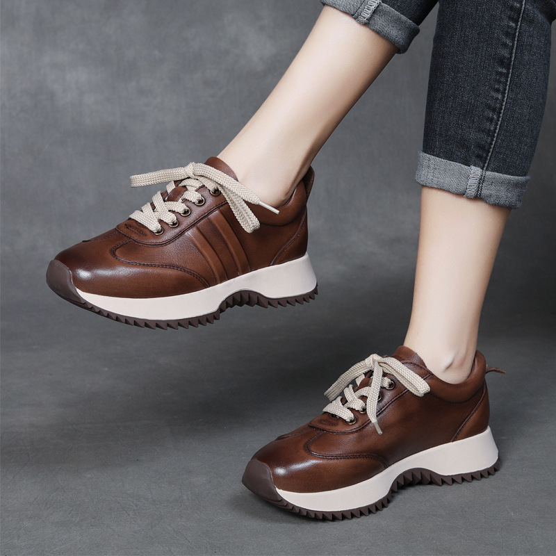 铂帝思 秋冬新款美拉德真皮阿甘鞋女厚底防滑舒适休闲运动老爹鞋