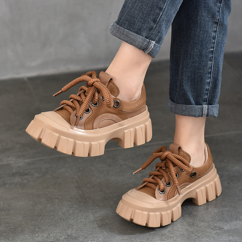 复古风真皮系带女高跟单鞋