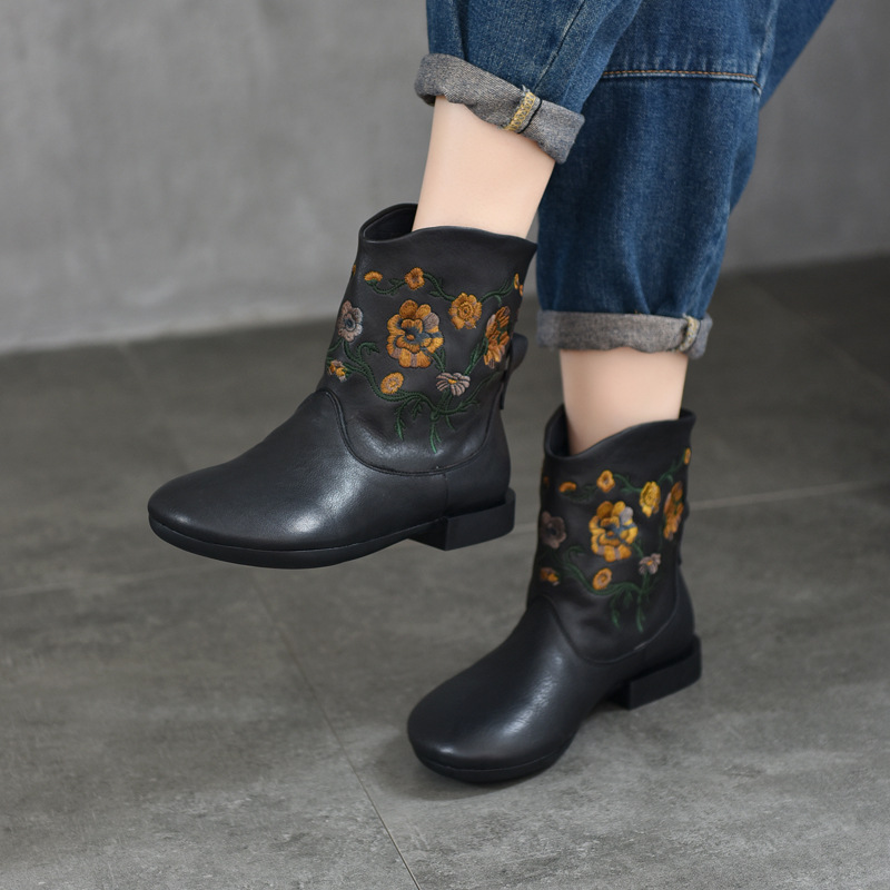 高端重工刺绣真皮手工女鞋绣花靴子低跟低筒短靴