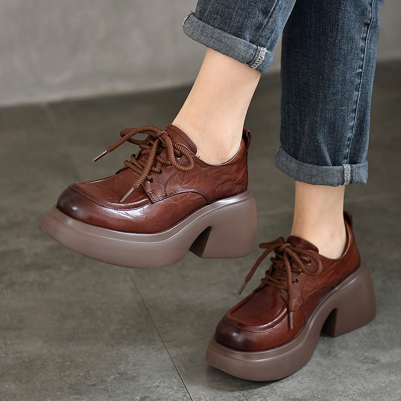 手抓纹头层牛皮高跟单鞋