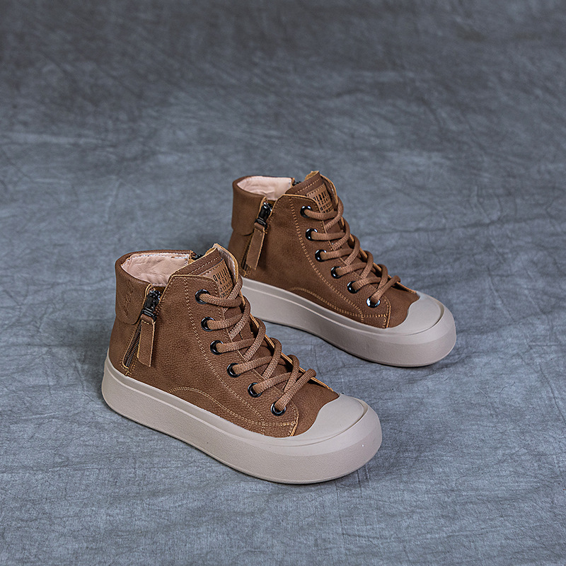 头层牛皮复古短靴女真皮鞋子女秋冬新款高帮板鞋41 42 43大码女鞋