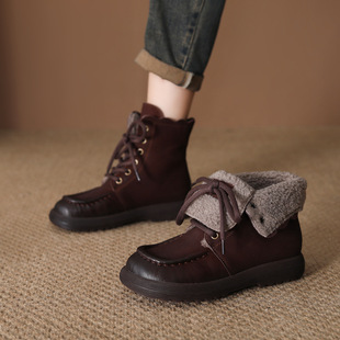 头层牛皮女雪地靴2025冬季新款保暖百搭防滑羊羔毛两穿复古短靴