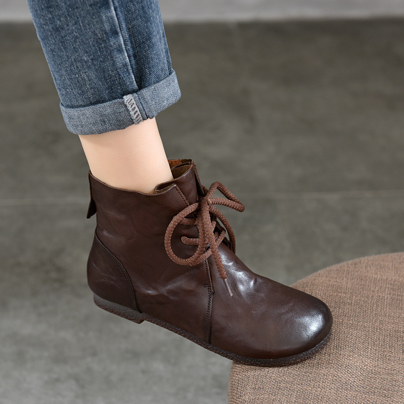 手抓纹头层牛皮圆头平底短靴女款系带马丁靴2025秋冬软底女士皮靴