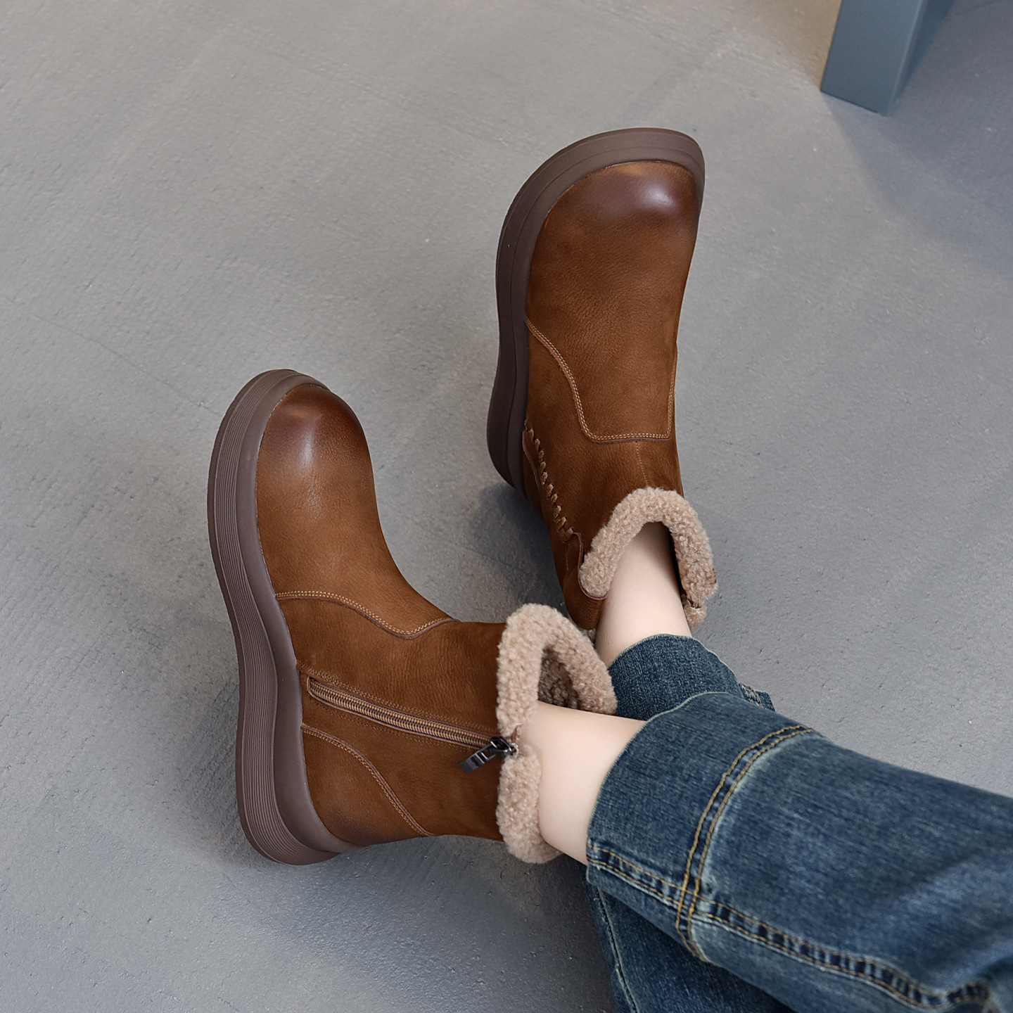 女士棉鞋女2025秋冬新款头层牛皮加绒加厚保暖切尔西短靴女6637