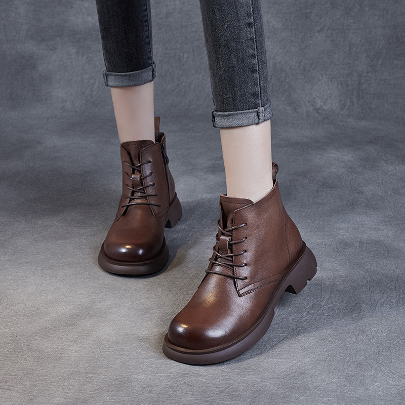 真皮小短靴子英伦风马丁靴春秋季百搭款平底牛皮单靴棕色复古