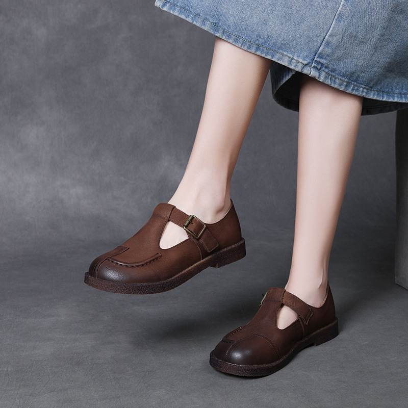 头层牛皮复古英伦风单鞋女2025春季新款圆头皮带扣百搭厚底乐福鞋