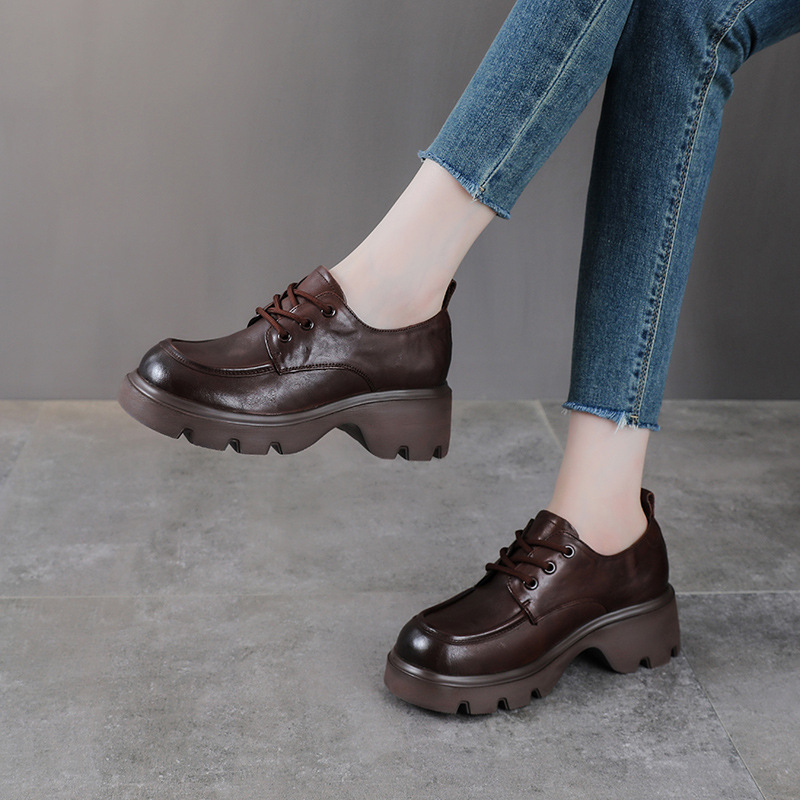 头层牛皮系带小皮鞋女春秋新款厚底粗跟小个子真皮乐福单鞋子