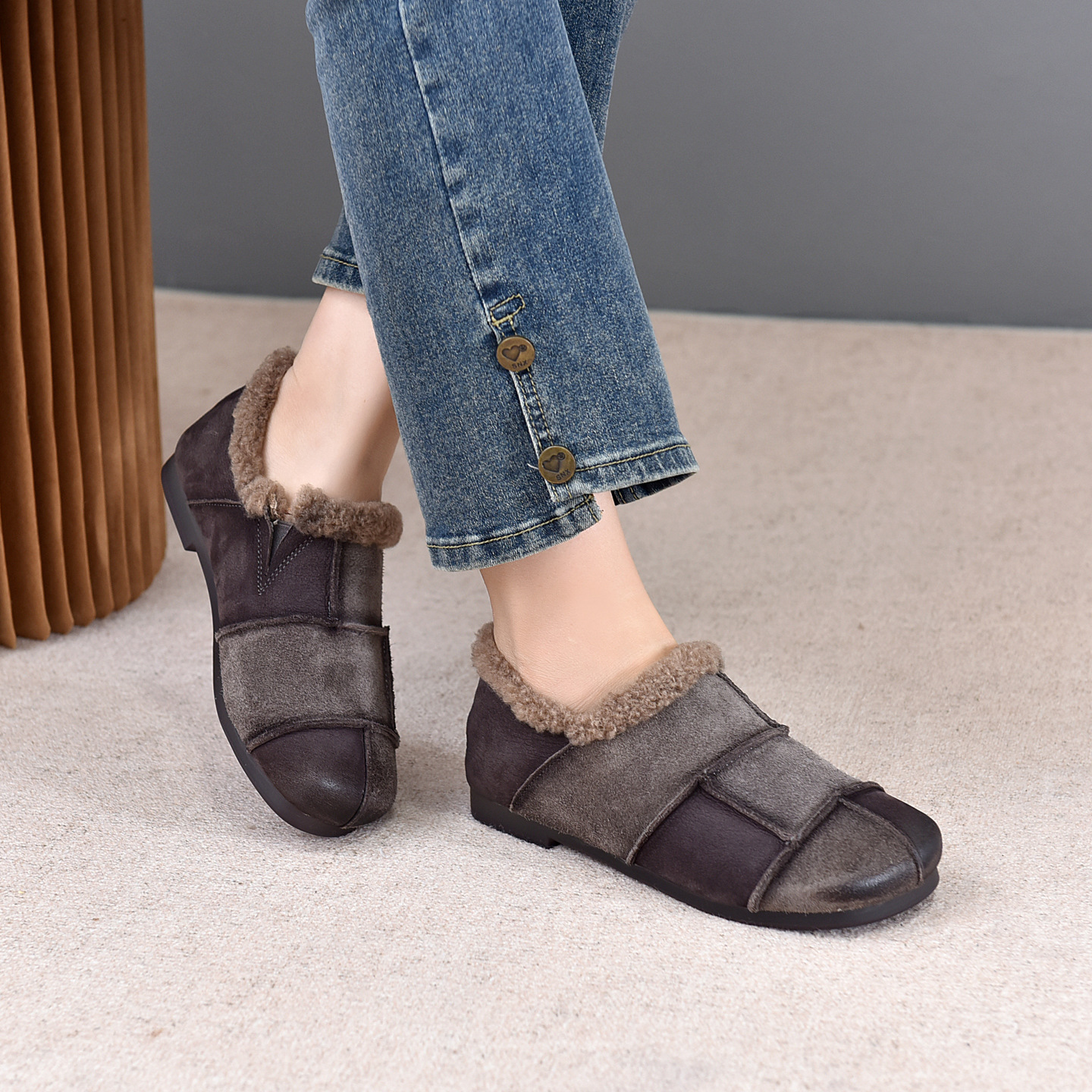 手工真皮拼接加绒豆豆鞋复古棉鞋女25新款冬季磨砂牛皮软底保暖鞋