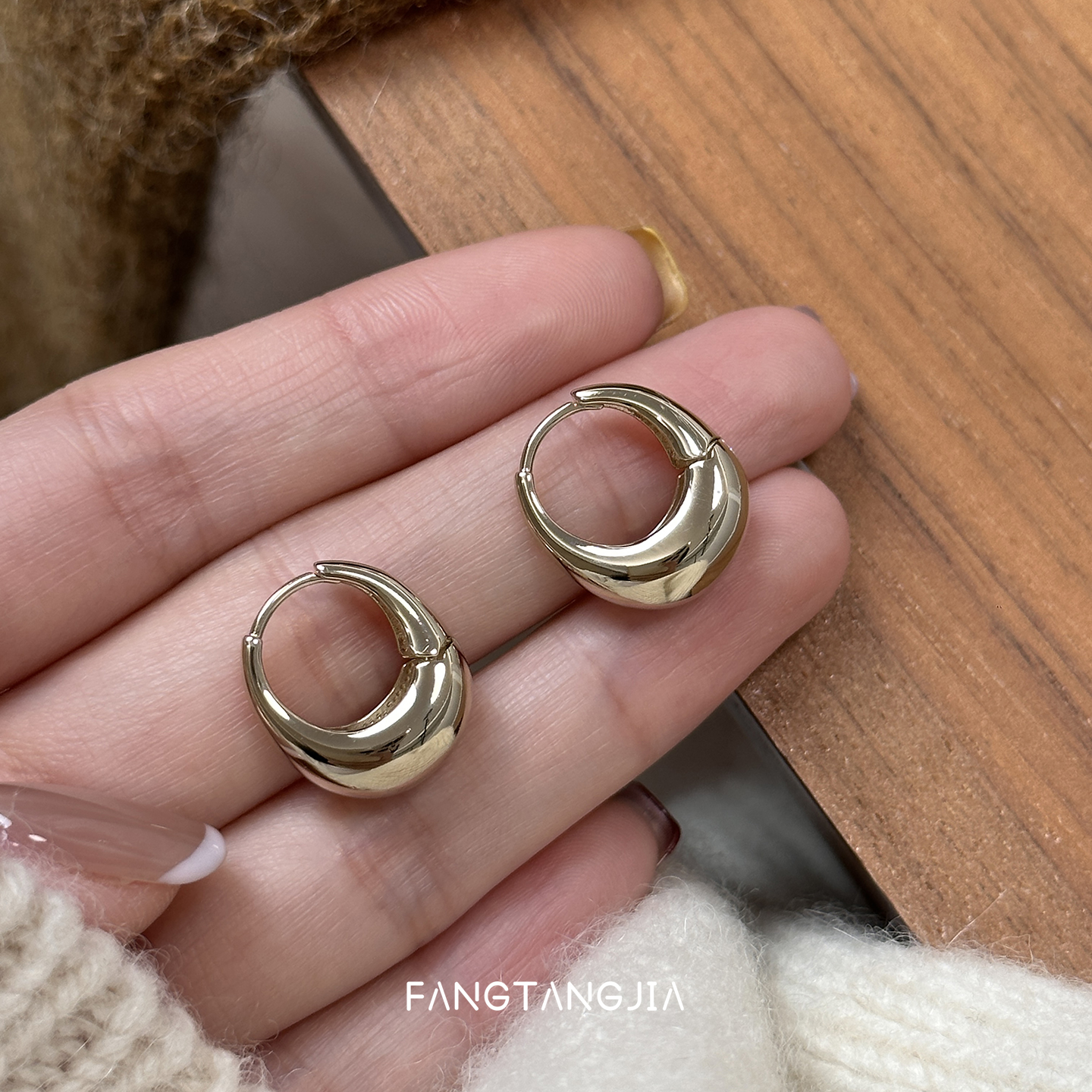 方糖家极简咖啡金水滴圈圈耳环