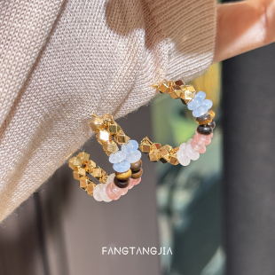 方糖家 耳饰女 天然石彩色多巴胺虎眼石串珠圈圈耳环独特2026新款