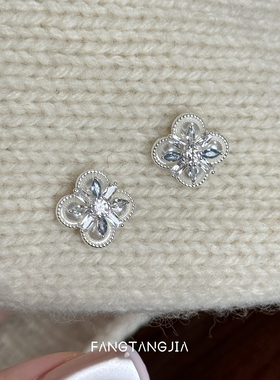 方糖家 清新蓝色四叶幸运小花珍珠耳钉2025新款巨好看小众耳环女