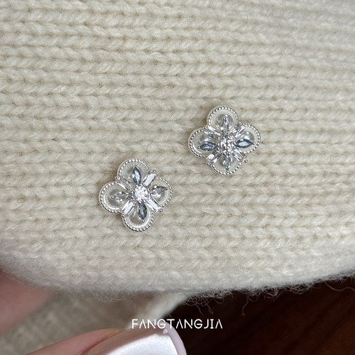 方糖家蓝色四叶幸运花珍珠耳钉